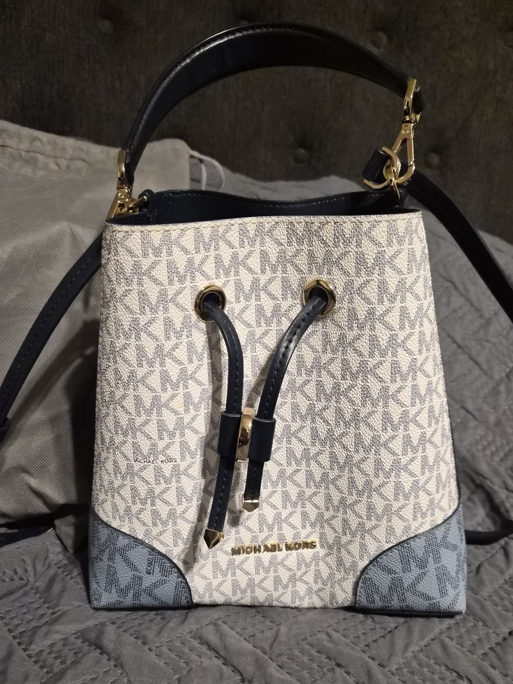 Michael Kors Cream and Navy Signature Drawstring Bucket Bag